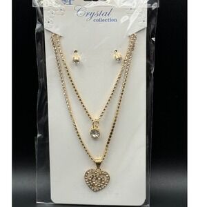 Crystal Collection Gold Tone Layered‎ Necklace and Earrings Set Rhinestone Heart